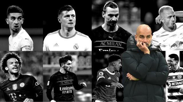 Ferran Torres, Toni Kroos, Zlatan Ibrahimovic, Angel Tasende 'Angeliño', Leroy Sané, Brhim Díaz, Jadon Sancho y Pedro Porro, en un fotomontaje con Pep Guardiola.