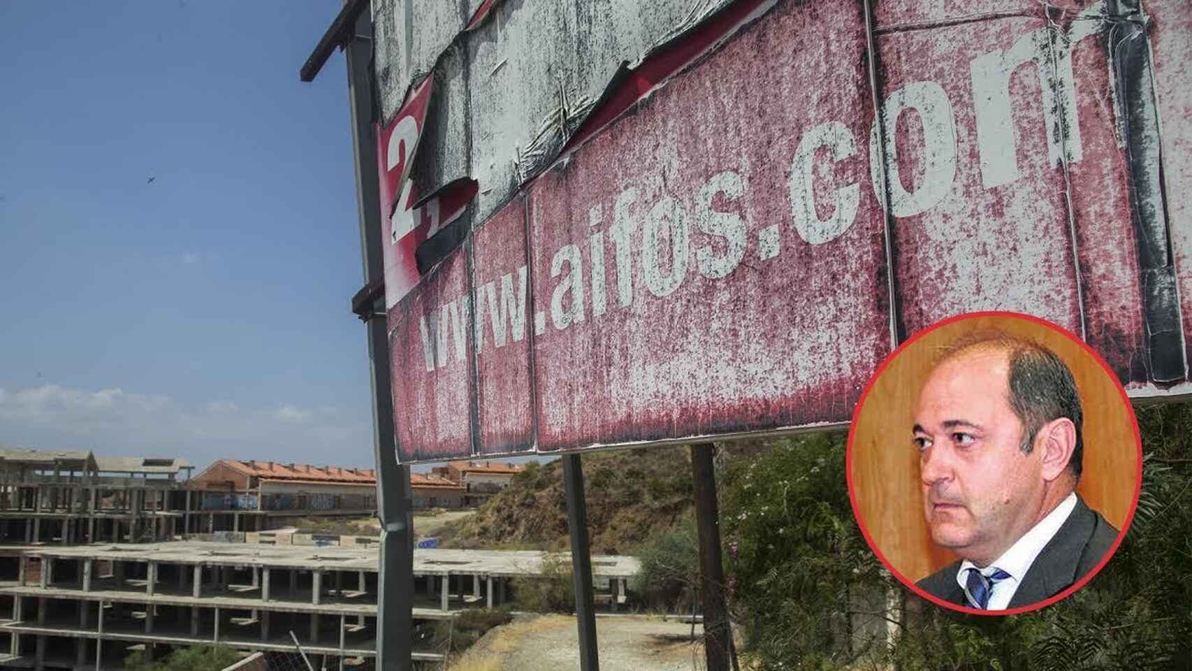Imagen de una cartel de la promotora Aifos y su anterior dueño, Jesús Ruiz Casado.