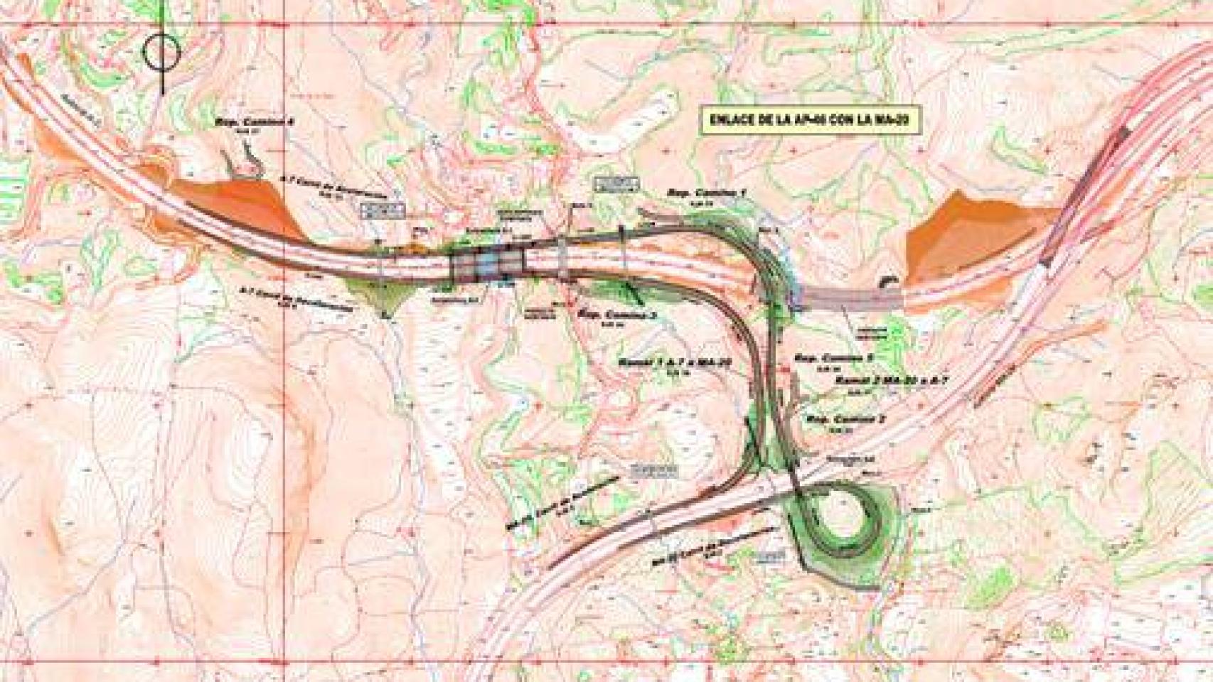 Mapa del nuevo enlace desde Málaga a la autopista de peaje de Las Pedrizas.