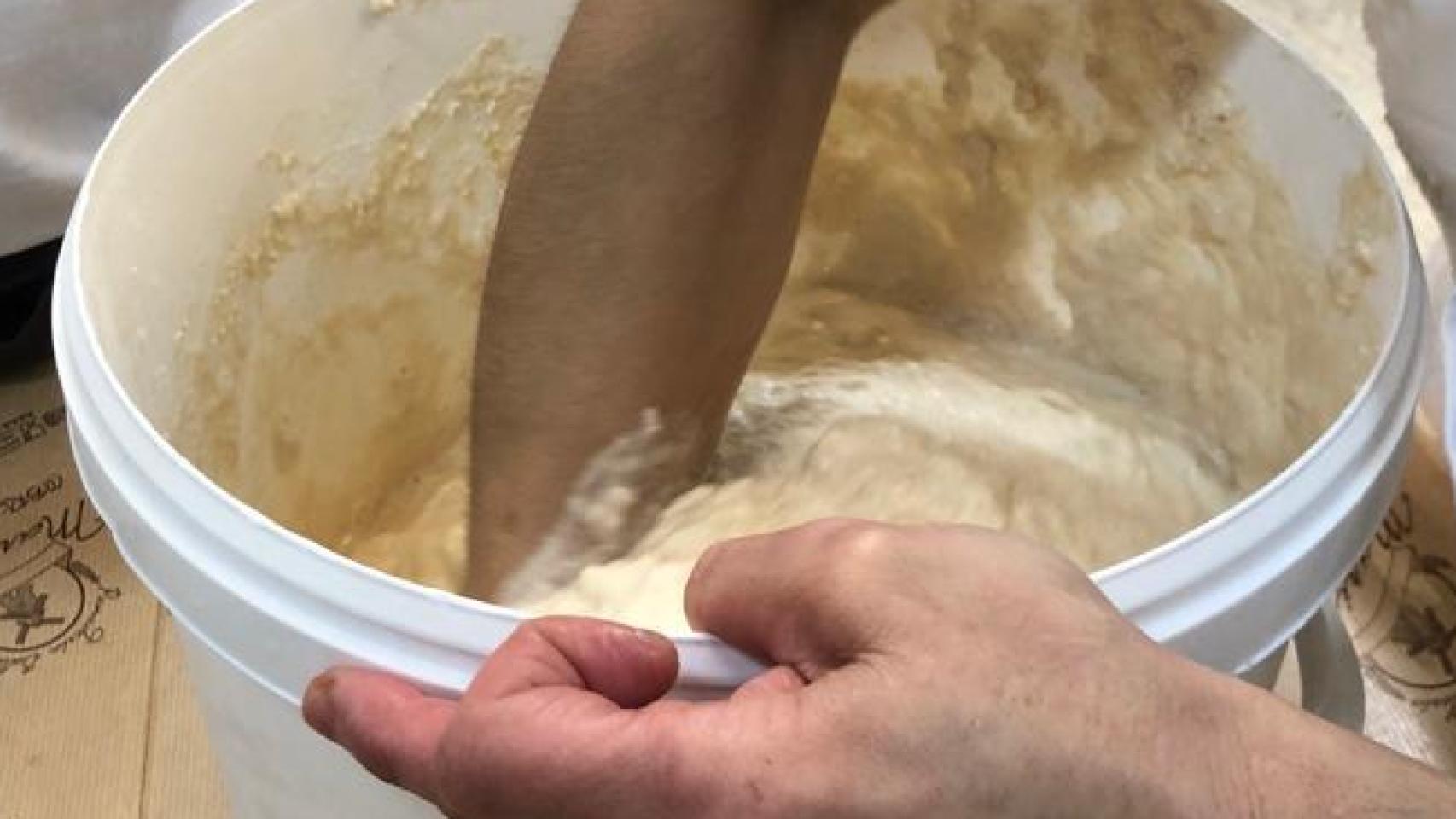 Los pasteleros realizan la masa de su panettone