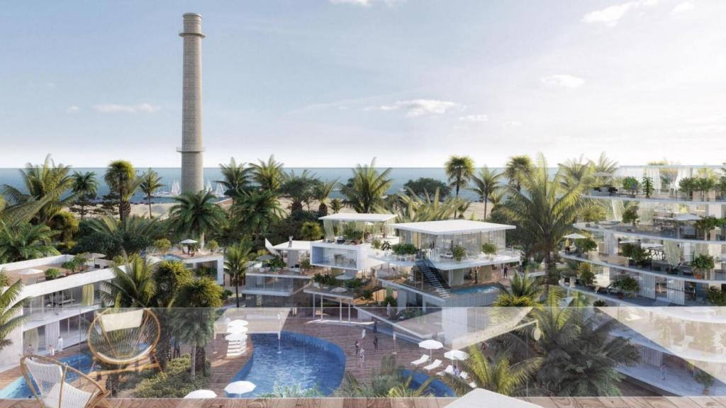 Infografía del nuevo desarrollo residencial previsto en La Térmica, en Málaga, con la antigua chimenea rehabilitada.