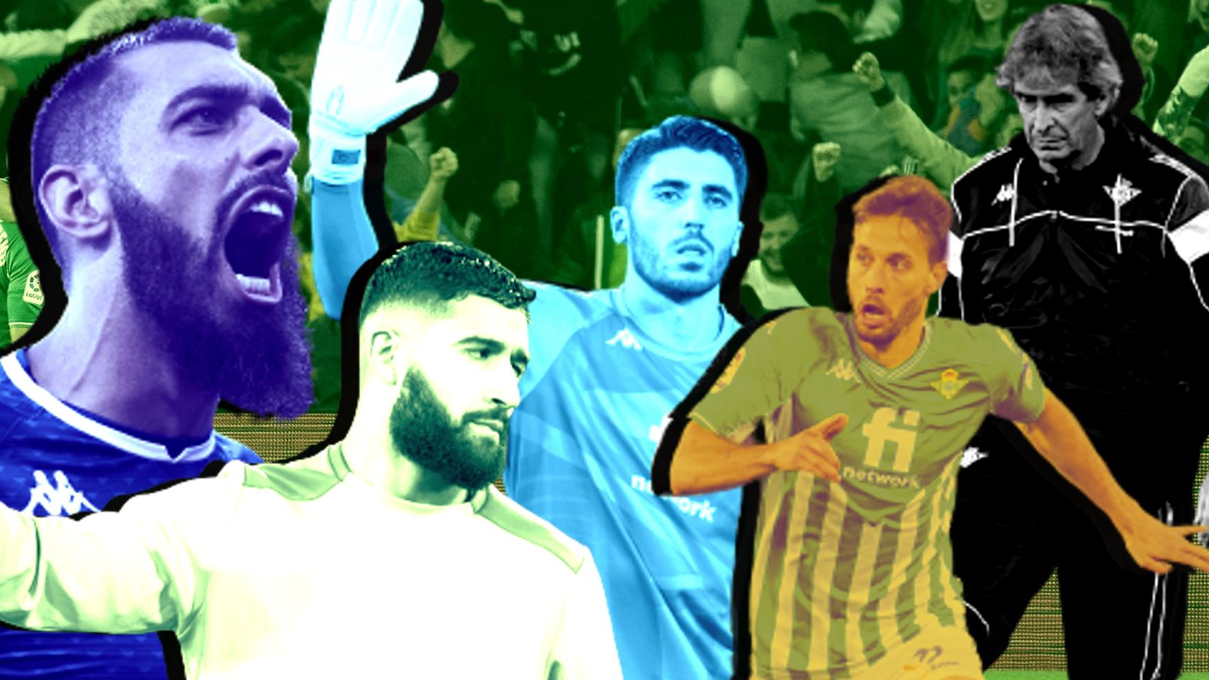 Borja Iglesias, Nabil Fekir, Rui Silva, Sergio Canales y Manuel Pellegrini, en un fotomontaje.