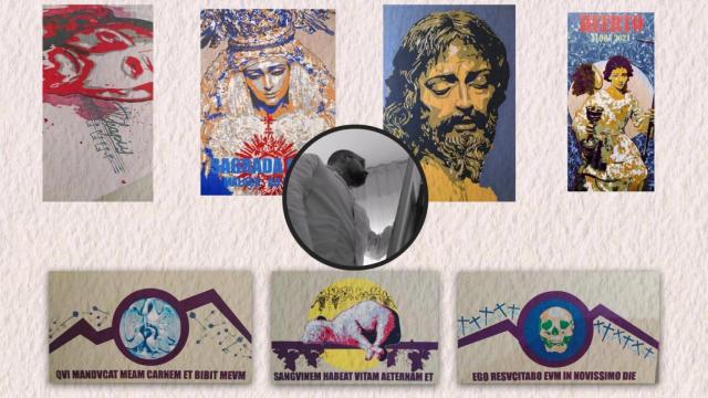 Fotomontaje con el pintor José Carlos Torre y algunas de sus obras recientes.