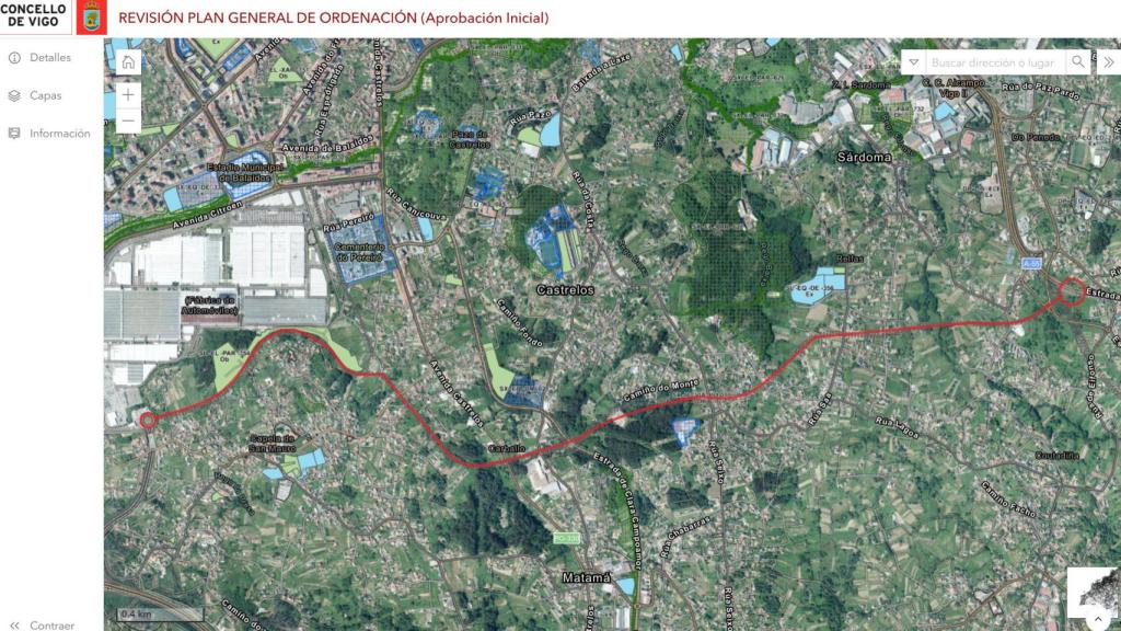 Proyección del vial PO-010 en el PXOM