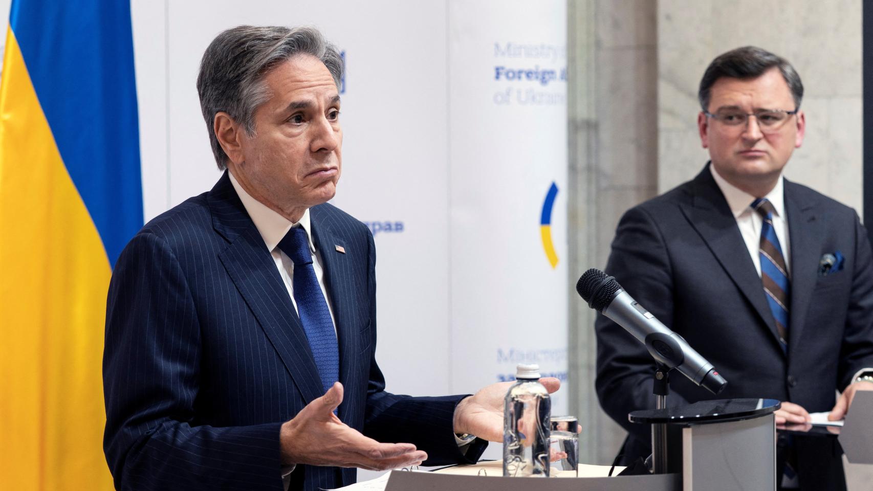 El secretario de Estado de EEUU, Antony Blinken, durante la rueda de prensa con su homólogo ucraniano, Dmitro Kuleba.
