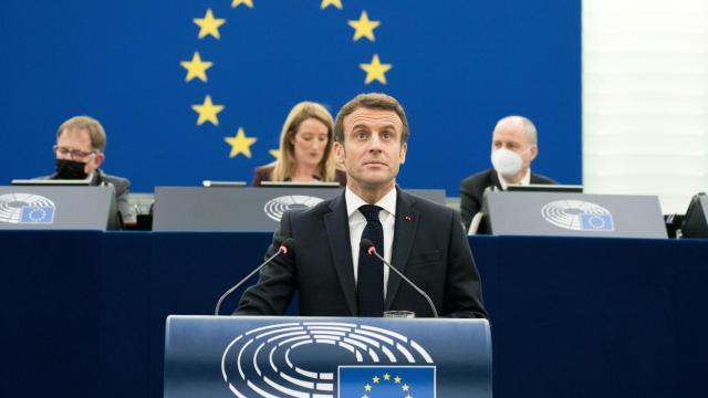 El presidente francés, Emmanuel Macron, durante su comparecencia este miércoles en la Eurocámara