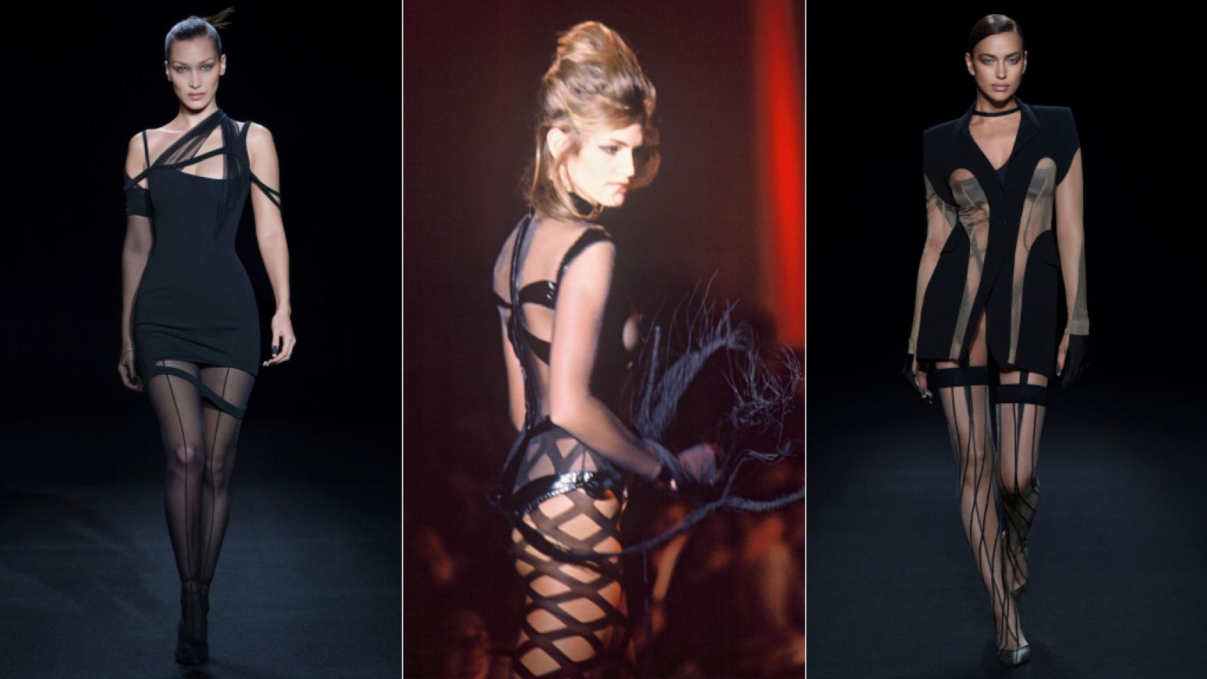 Bella Hadid, Cindy Crawford e Irina Shayk desfilando para Thierry Mugler.