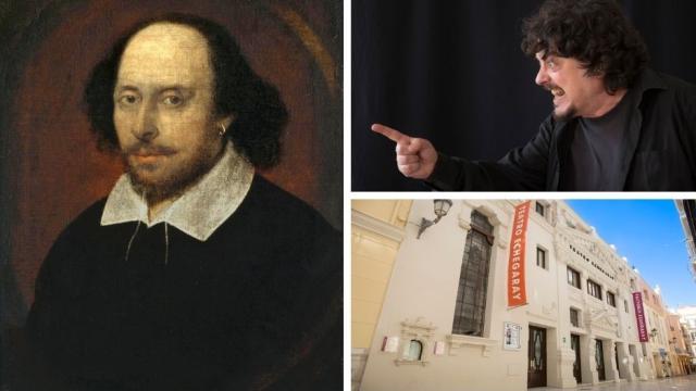 Un collage con Shakespeare, el actor Antonio Zafra y la fachada del Teatro Echegaray.