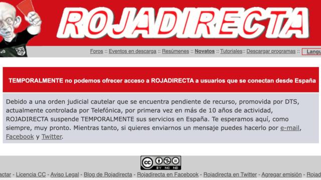 Aviso colgado actualmente por Roja Directa en su web.