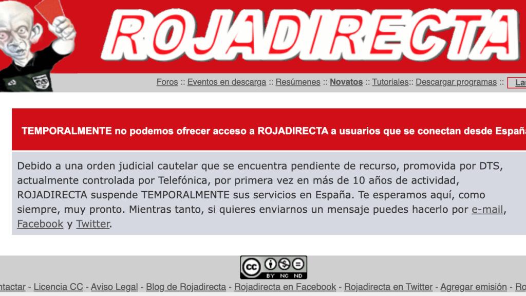Aviso colgado actualmente por Roja Directa en su web.