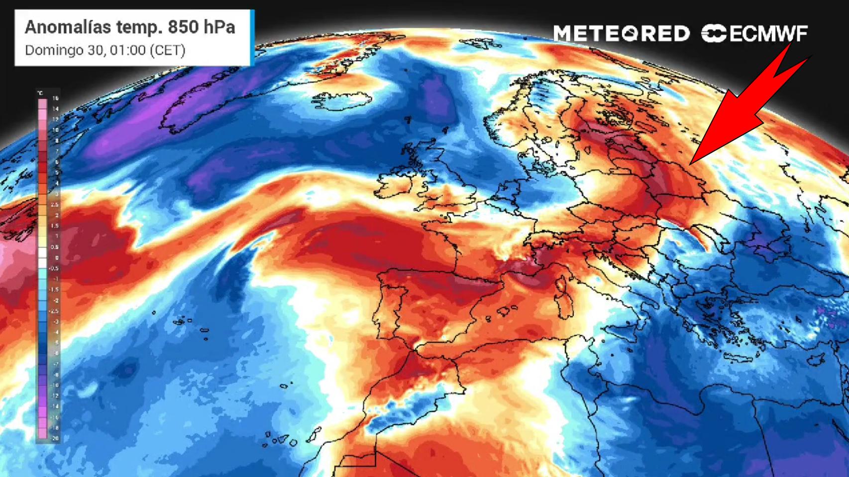 Representación de las masas de aire cálido. Meteored.