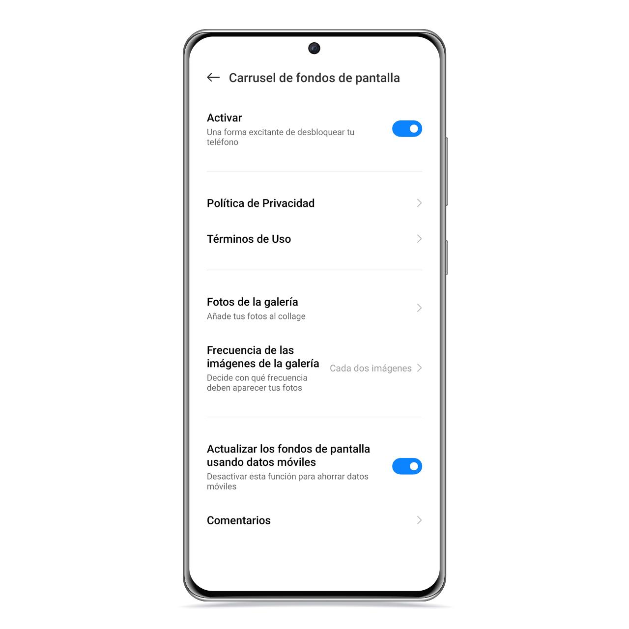 Opciones de Carrusel de fondos de pantalla