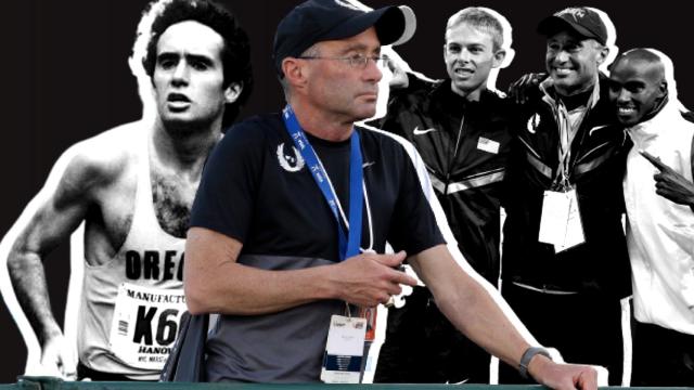 Alberto Salazar, en un fotomontaje durante su carrera como profesional y con Galen Rupp y Mo Farah en los Juegos Olímpicos de Londres 2012.