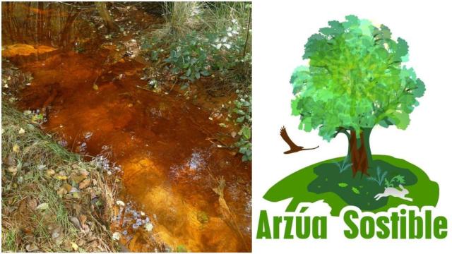 Un vertido en el Río Ulla y el logotipo de Arzúa Sostible.