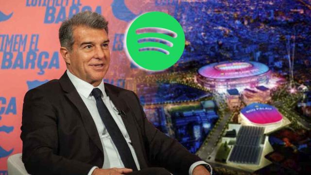 Joan Laporta, el Espai Barça y Spotify en un fotomontaje