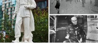Norman Bethune en la ambulancia, una imagen de la Desbandá y la estatua del médico.