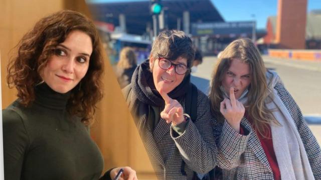 Díaz Ayuso, presidenta de la Comunidad de Madrid, y la líder de Podemos en Valencia, Pilar Lima, con su jefe de gabinete.