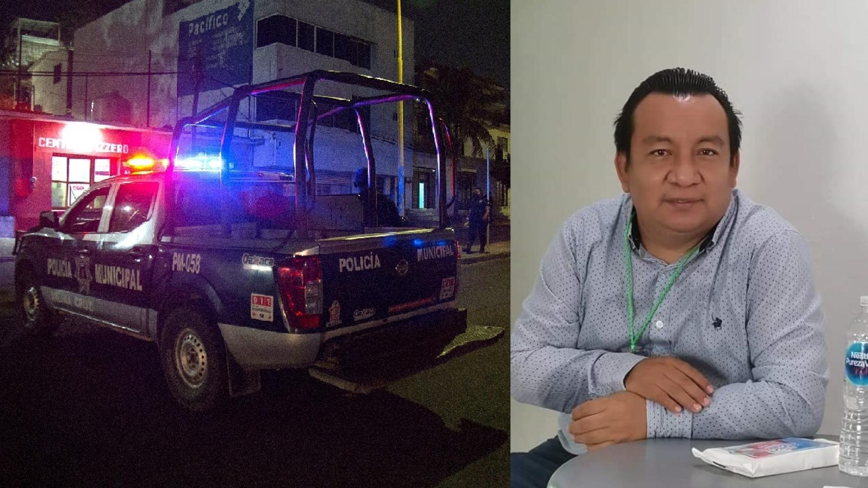 Policías vigilan la zona donde fue asesinado Heber López Vásquez en Salina Cruz, estado de Oaxaca (México).