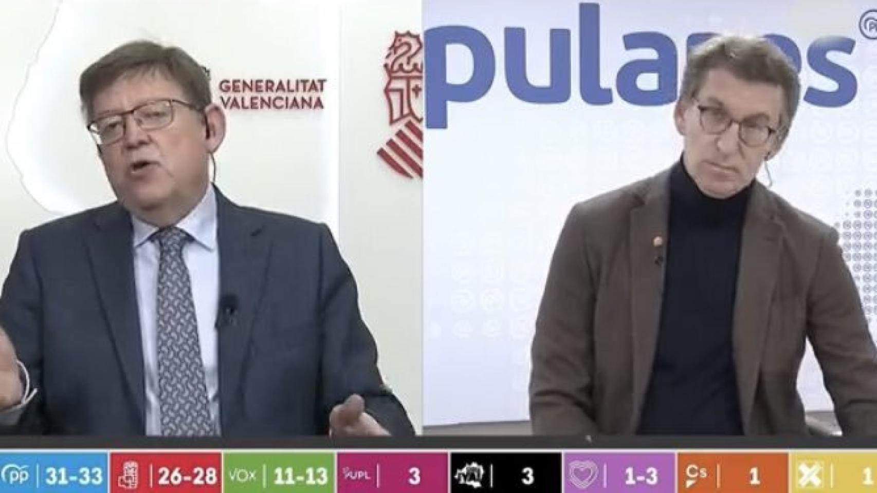 Ximo Puig y Alberto Núñez Feijóo, durante su intervención en el programa de TVE.