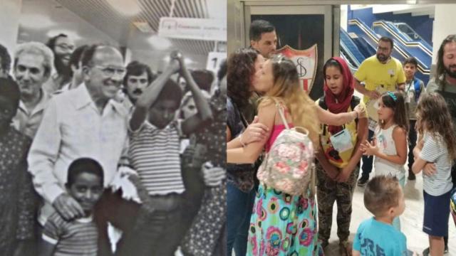 A la izquierda, primera edición del programa 'Vacaciones en Paz' en 1979, con el dirigente del PCE Santiago Carrillo recibiendo a los niños; a la derecha, un recibimiento actual.