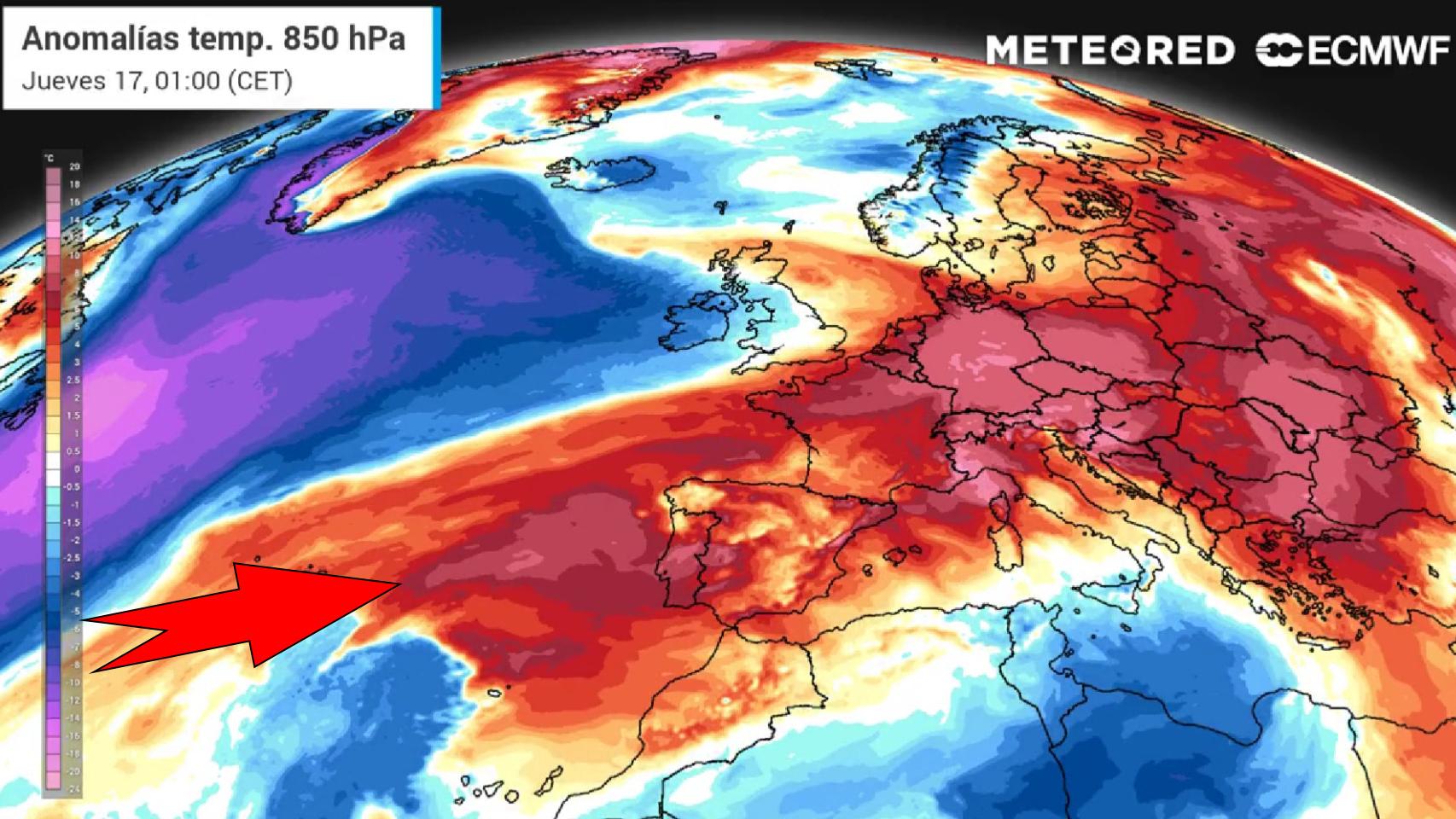 La masa de calor situándose sobre España. Meteored.