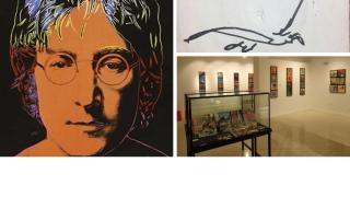 Un collage con portadas e imagen de la exposición.