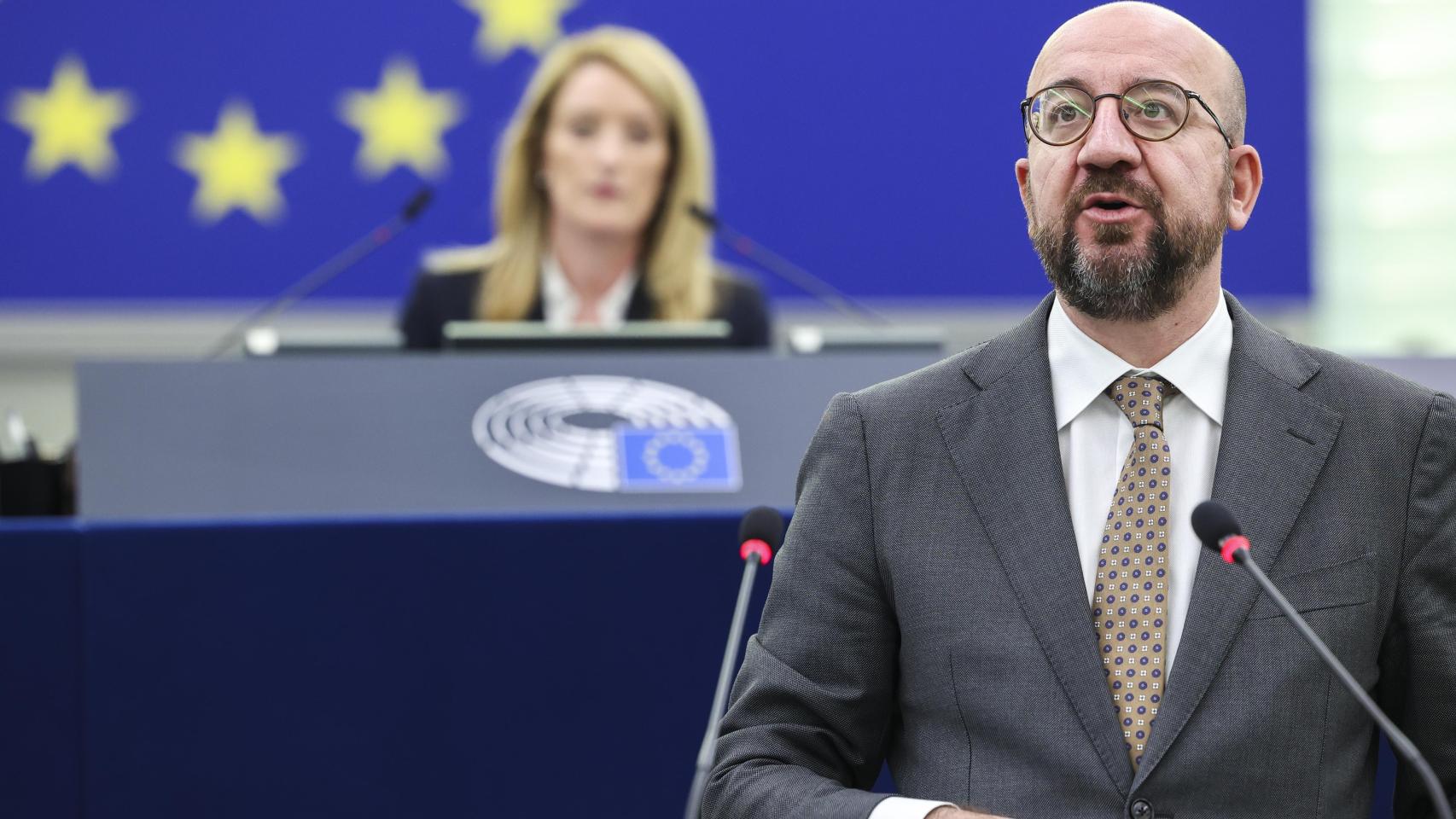 El presidente del Consejo Europeo, Charles Michel, durante su comparecencia de este miércoles en la Eurocámara