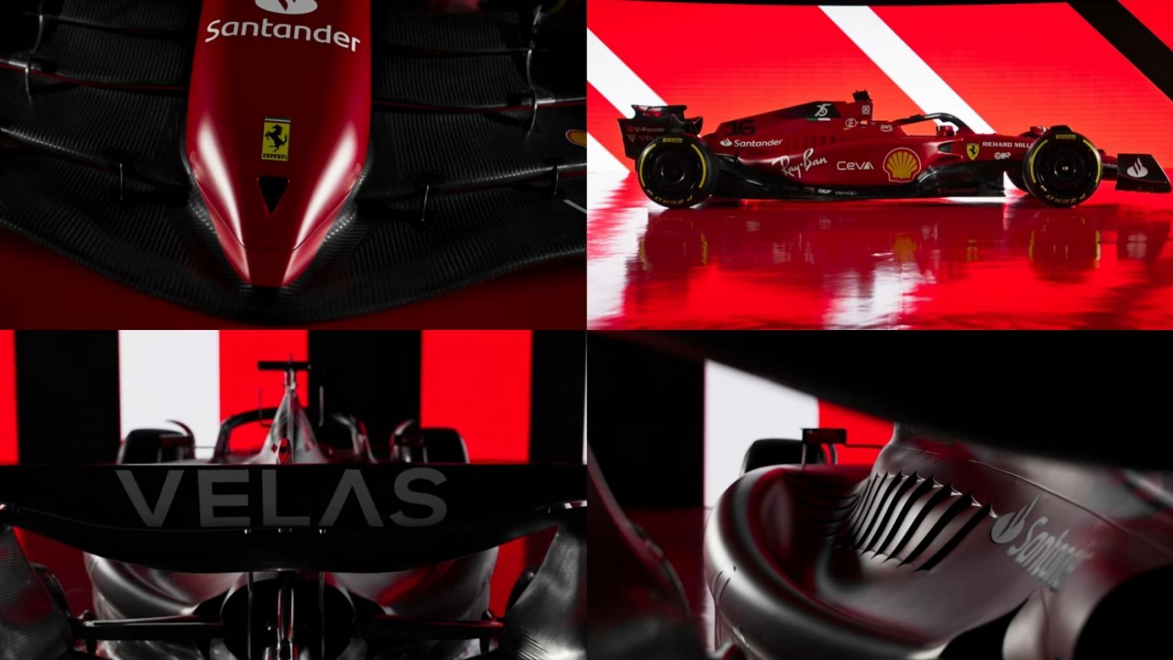 El Ferrari F1-75 desde diferentes ángulos en un fotomontaje.