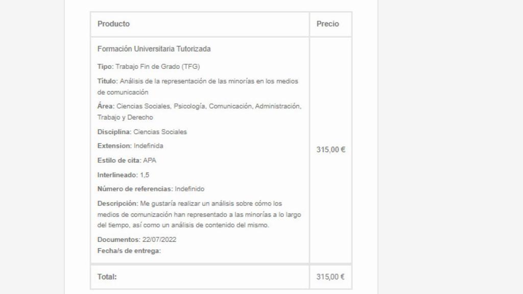 Captura del presupuesto para TFG de periodismo.