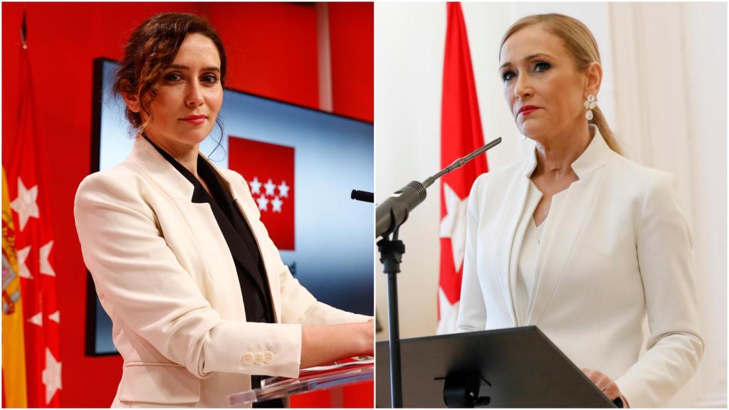 Isabel Díaz Ayuso, este jueves y Cristina Cifuentes, el día de su dimisión, con la misma chaqueta blanca.