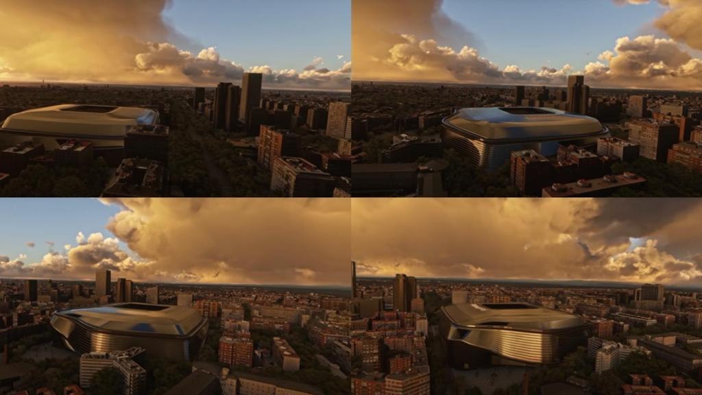 Varias imágenes de la recreación del nuevo Santiago Bernabéu en el atardecer.