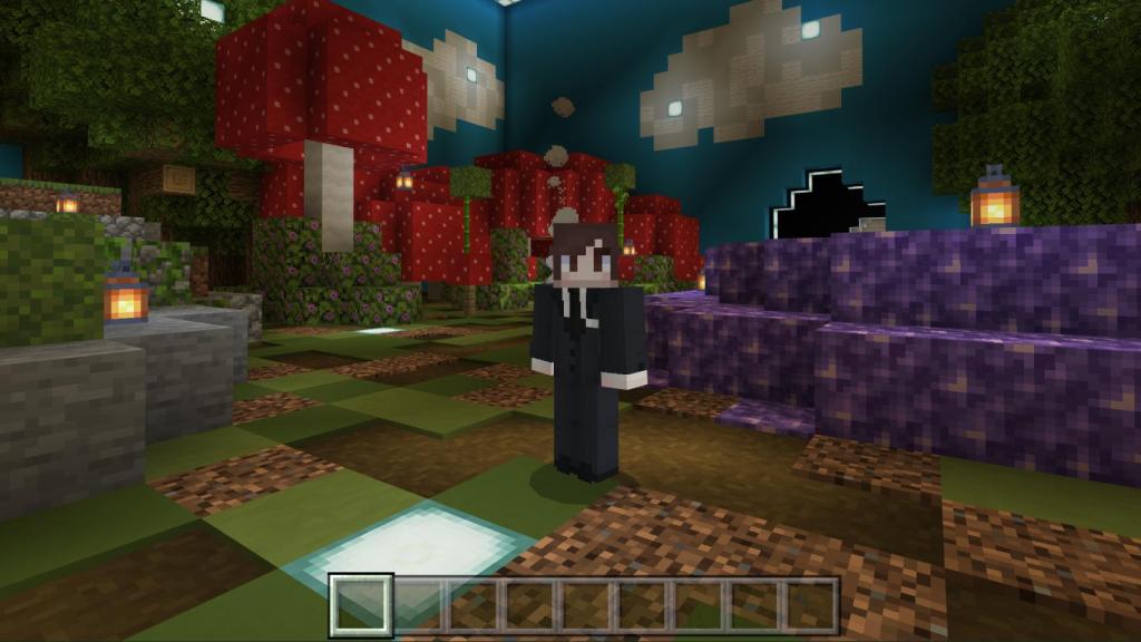 Mi avatar en una de las salas de la presentación en Minecraft.