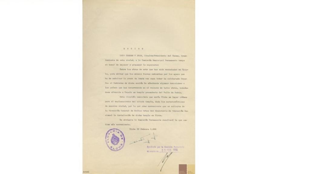 Documento conservado en Elche sobre la petición del templo egipcio.