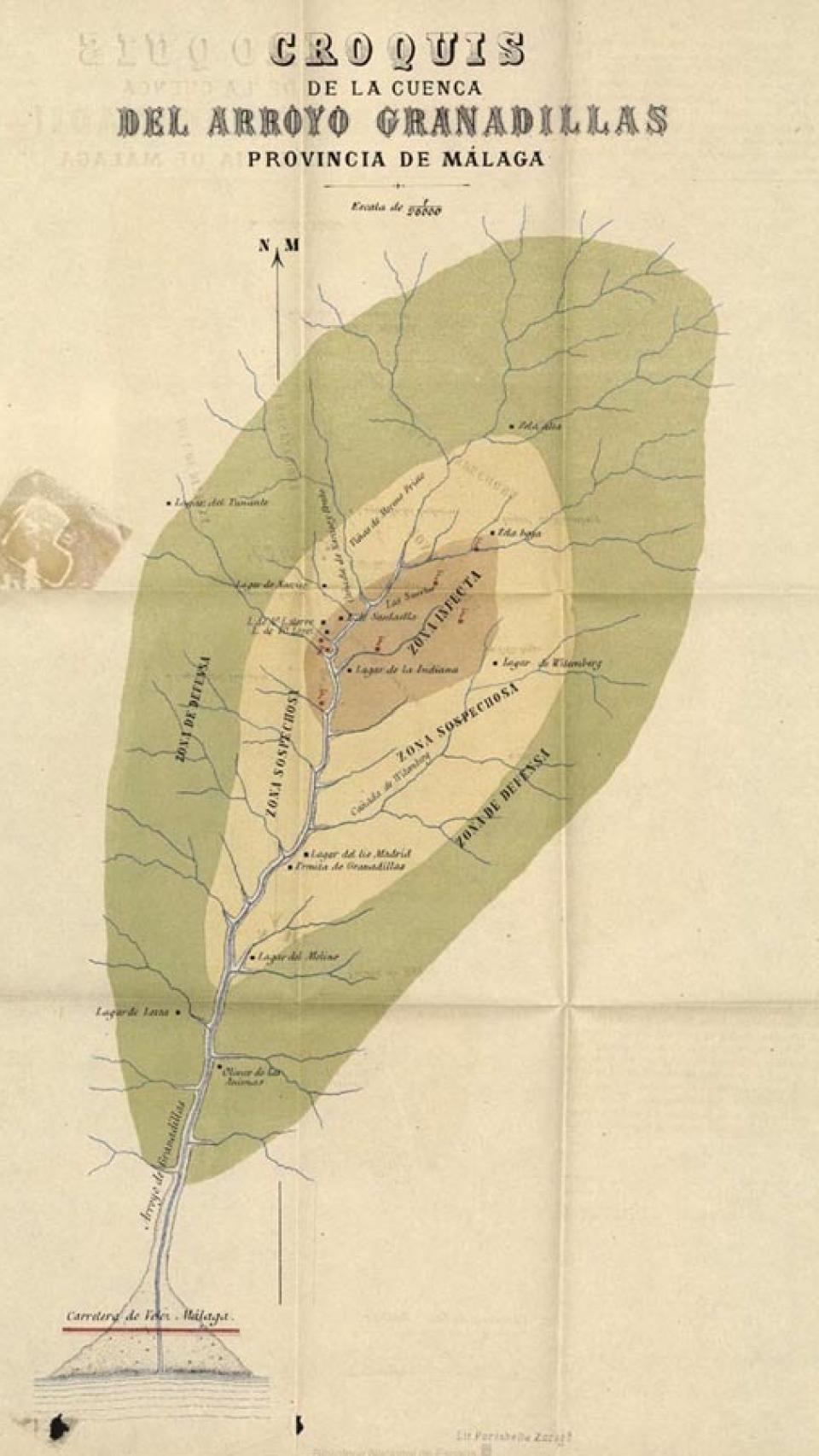 Mapa de la cuenca del arroyo Granadillas donde se originó la plaga en Andalucía.