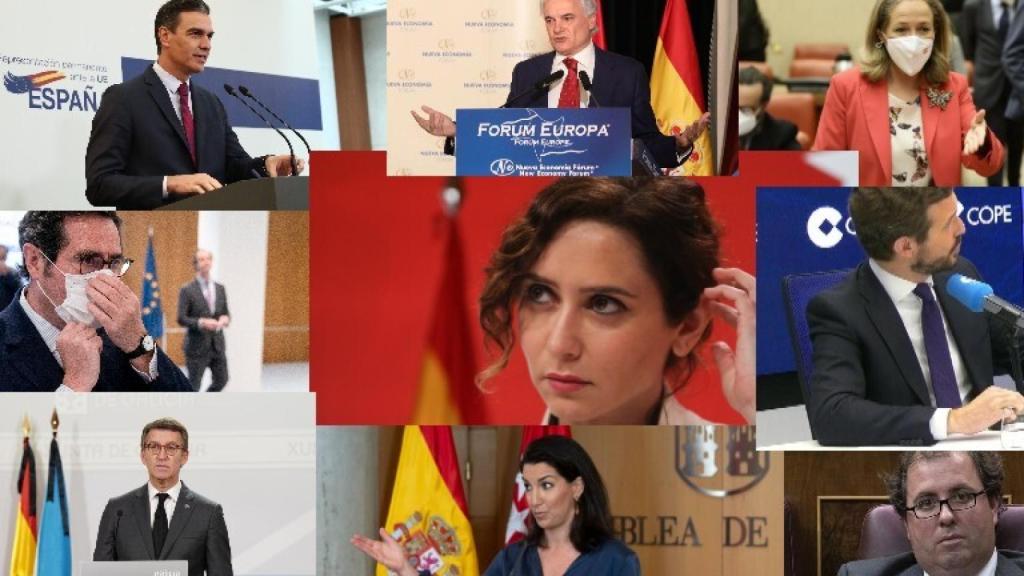 Pedro Sánchez, Miguel Garrido, Nadia Calviño, Antonio Garamendi, Isabel Díaz Ayuso, Pablo Casado, Alberto Núñez Feijóo, Rocío Monasterio, Alberto Casero.