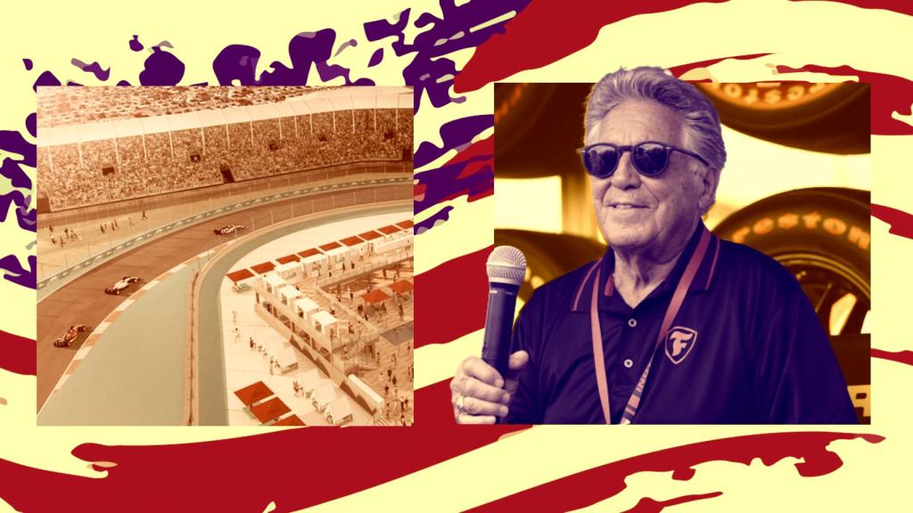 Una simulación del Gran Premio de Miami de Fórmula 1 y Mario Andretti, en un fotomontaje.
