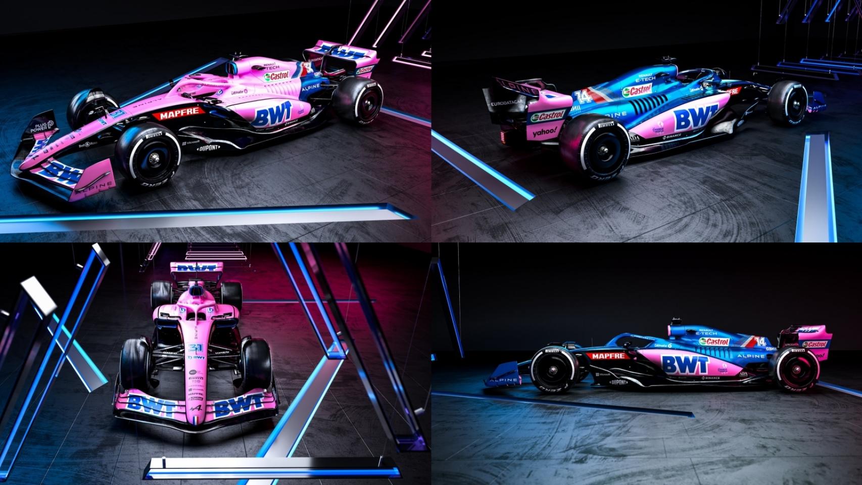 Las dos versiones del  Alpine A522 de Fernando Alonso, en un fotomontaje.