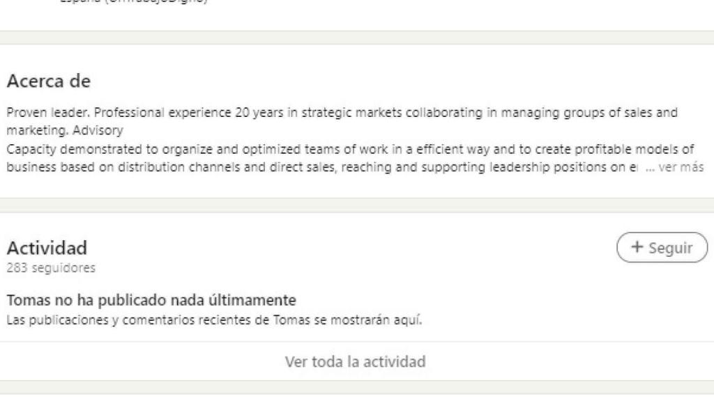 Perfil de Tomás Ayuso en LinkedIn antes de ser eliminado.