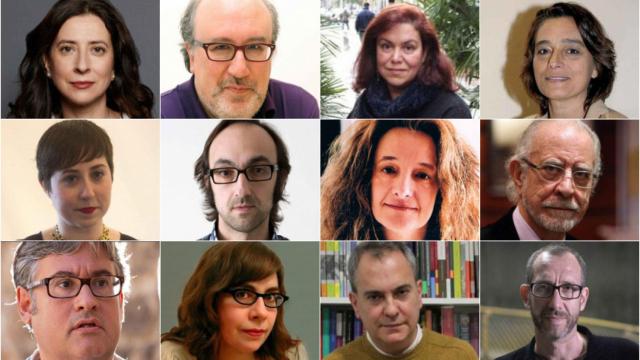 De izquierda a derecha y de arriba abajo, Ana Merino, Andrés Ibáñez, Care Santos, Cristina Cerezales Laforet, Elena Medel, Agustín Fernández Mallo, Irene Gracia, José María Merino, Juan Manuel de Prada, Mercedes Cebrián, Pablo d'Ors y Ricardo Menéndez Salmón, autores de 'Doce visiones para un nuevo mundo', publicado en la colección Obra Fundamental de la Fundación Banco Santander