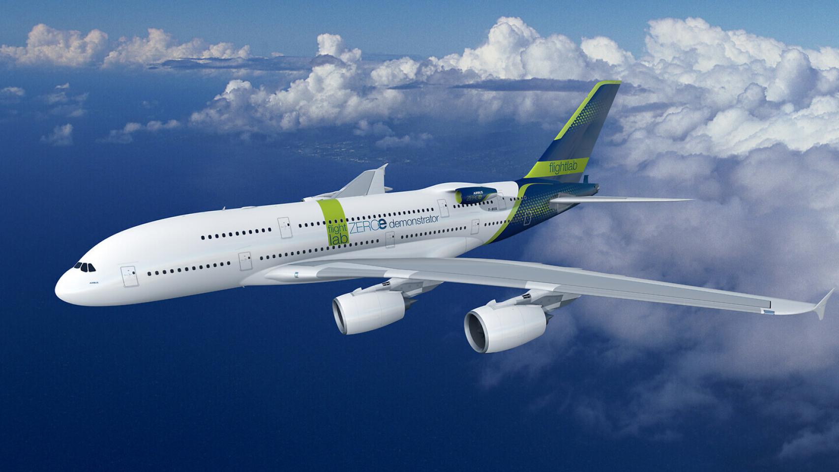 Concepto del A380 que Airbus modificará para probar los primeros motores de hidrógeno.