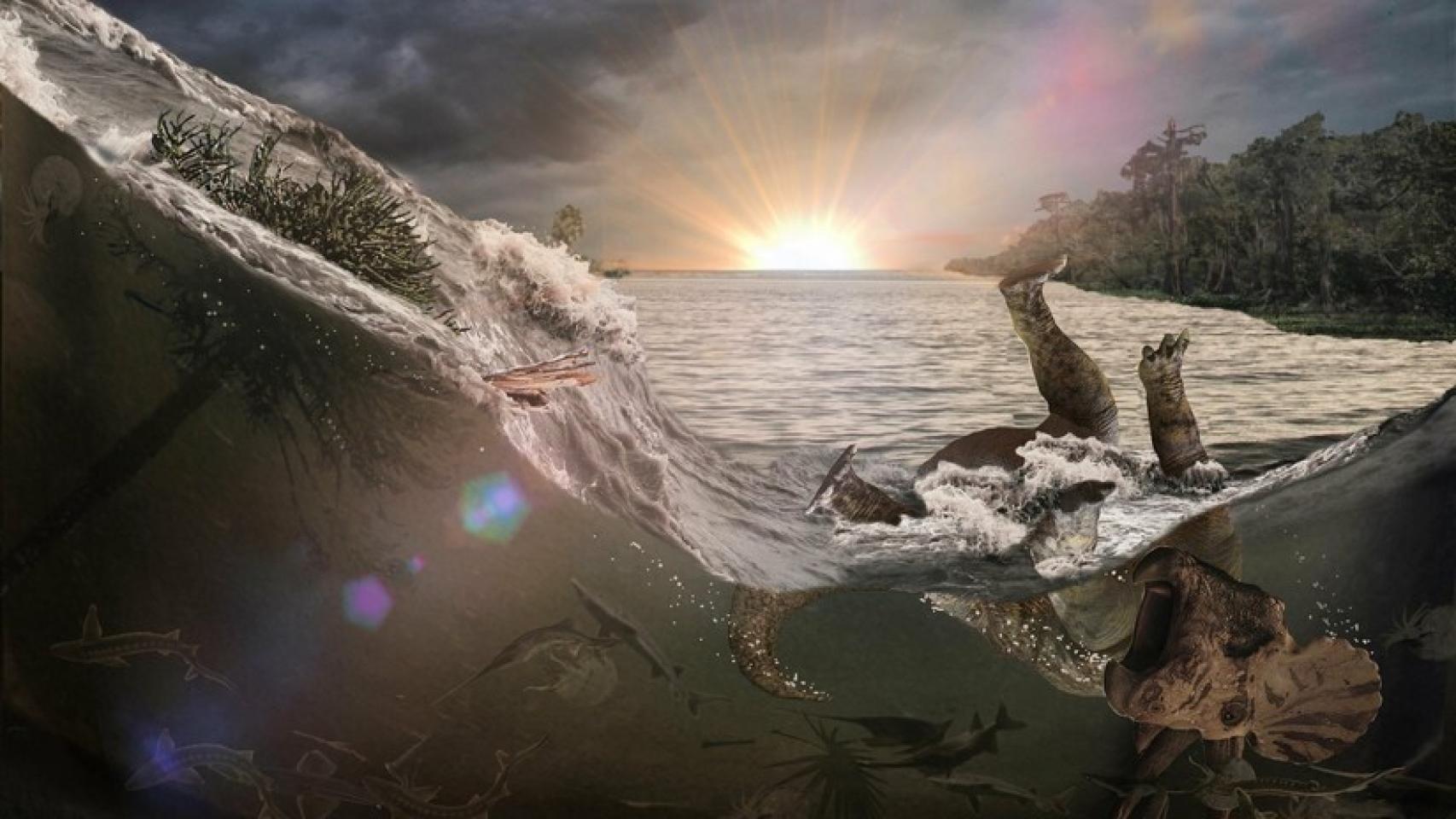 Representación de la muerte de un dinosaurio tras el impacto del meteorito.