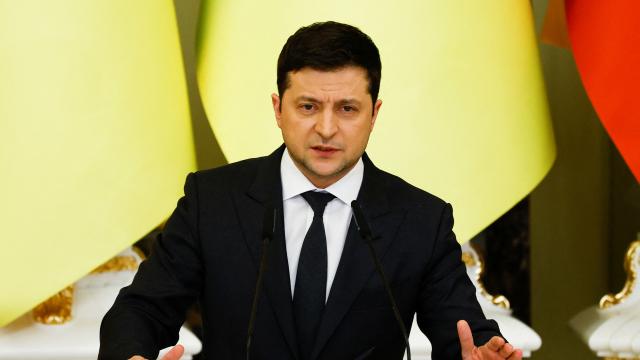 El presidente de Ucrania, Volodimir Zelenski, durante una rueda de prensa este miércoles en Kiev.