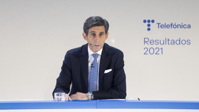 El presidente ejecutivo de Telefónica, José María Álvarez-Pallete, interviene en una rueda de prensa para analizar los resultados de 2021.