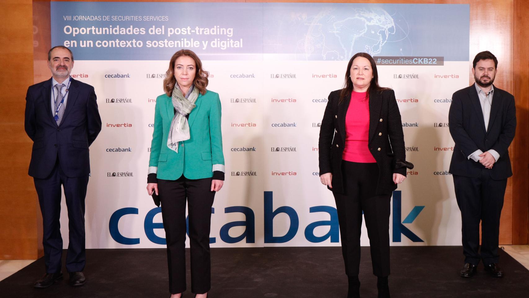 Antonio Romero (Cecabank), Montserrat Martínez Parera (CNMV), Aurora Cuadros (Cecabank) y Arturo Criado (Invertia) en la VIII Jornada de Securities Services.