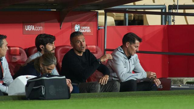 Luis Enrique, en el banquillo de la selección española junto a Jesús Casas