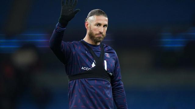 Sergio Ramos durante el calentamiento de un partido del PSG