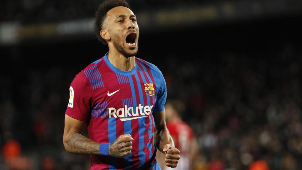 Pierre Emerick Aubameyang celebra un gol con el FC Barcelona ante el Athletic
