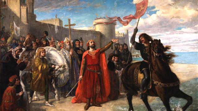 Matías Moreno: 'Toma de Cádiz por Alfonso X', 1866. Museo del Prado. Imagen usada en un manual de historia de 3.º de BUP de 1994. Según Castillejo, los manuales no invitan  a los alumnos a descodificar las  imágenes que reproducen