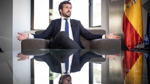 El presidente del PP, Pablo Casado, en su despacho de Génova.