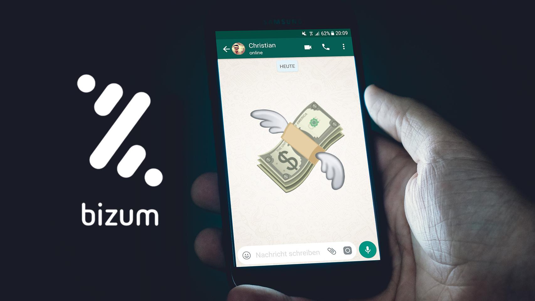 Logo de Bizum junto a una conversación de WhatsApp..